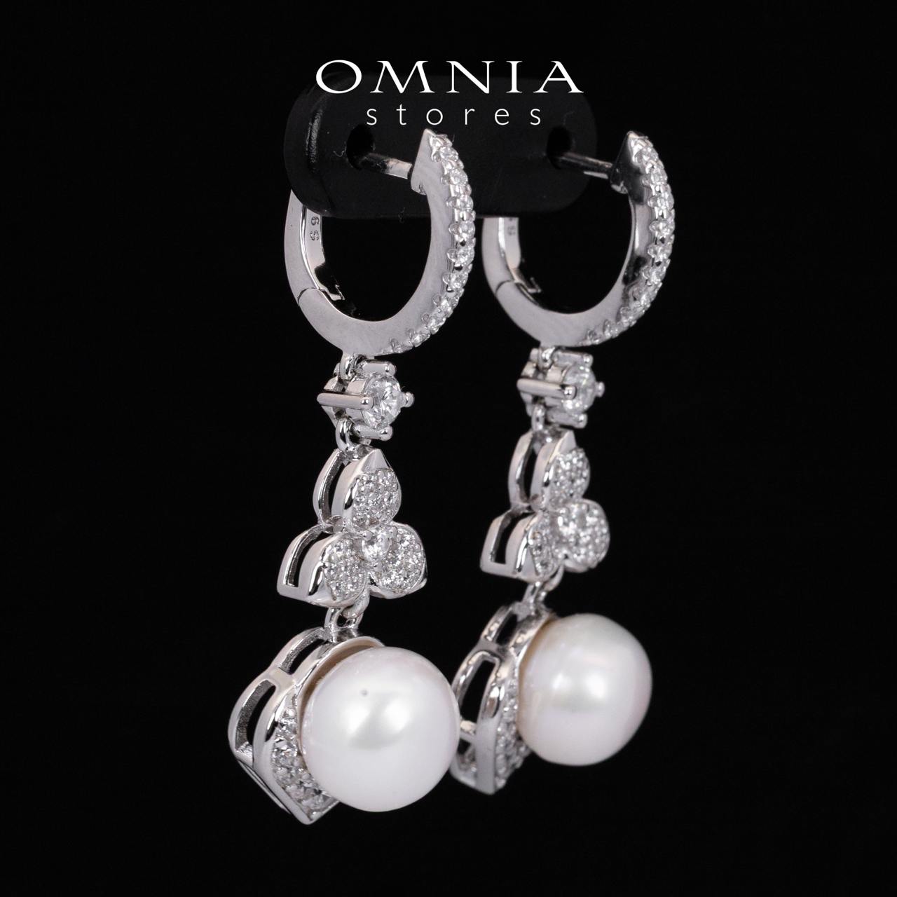 Omnia Ameena White Fresh Real Pearl Drop Earrings With High Quality Simulated Diamonds in 925 Silver - OMNIASTORES KSA