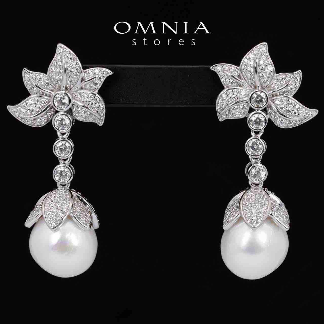 Omnia Iyana White Floral Fresh Real Pearl Drop Earrings With High Quality Simulated Diamonds in 925 Silver - OMNIASTORES KSA