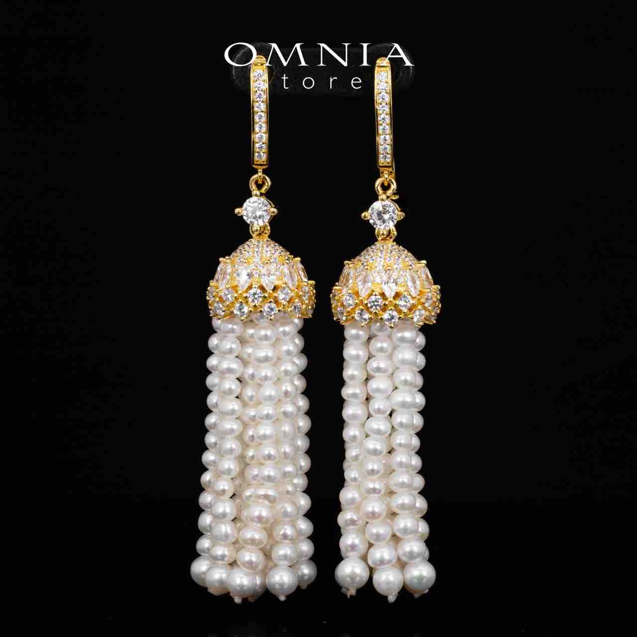 Omnia Kathy White Fresh Real Pearl Golden Drop Earrings With High Quality Simulated Diamonds in 925 Silver - OMNIASTORES KSA
