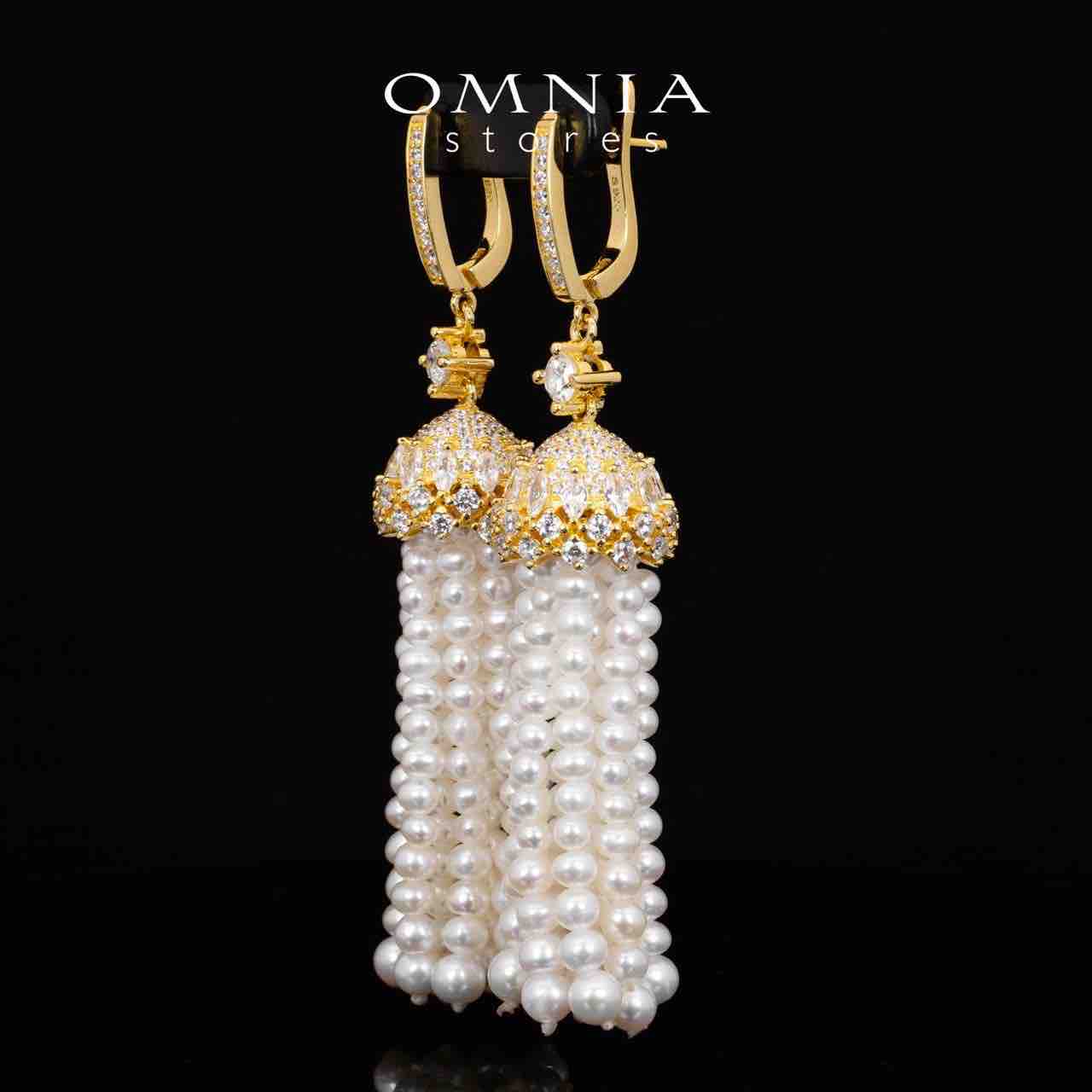 Omnia Kathy White Fresh Real Pearl Golden Drop Earrings With High Quality Simulated Diamonds in 925 Silver - OMNIASTORES KSA