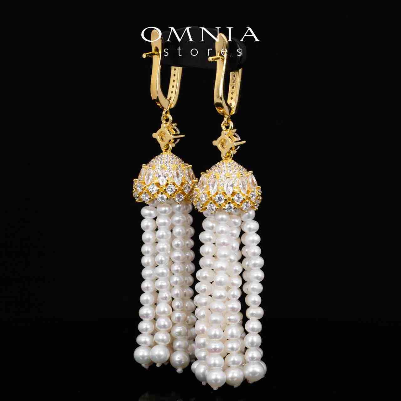 Omnia Kathy White Fresh Real Pearl Golden Drop Earrings With High Quality Simulated Diamonds in 925 Silver - OMNIASTORES KSA