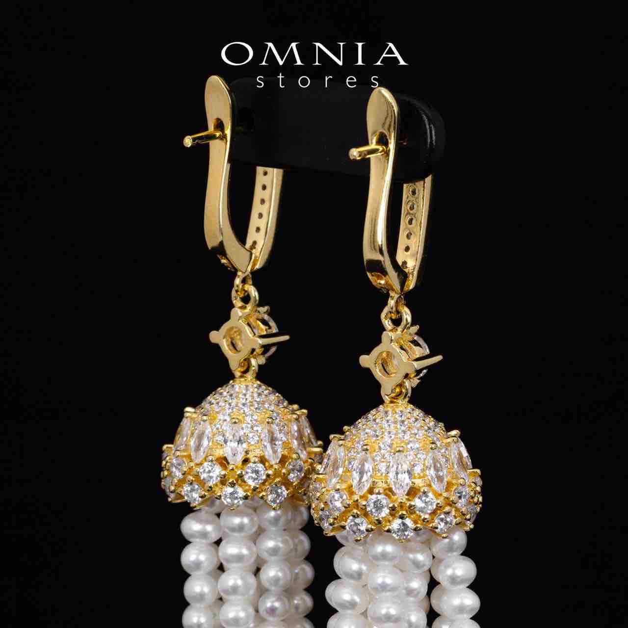 Omnia Kathy White Fresh Real Pearl Golden Drop Earrings With High Quality Simulated Diamonds in 925 Silver - OMNIASTORES KSA