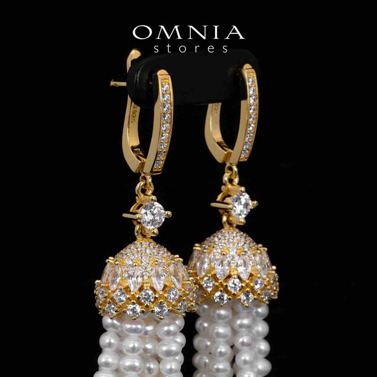 Omnia Kathy White Fresh Real Pearl Golden Drop Earrings With High Quality Simulated Diamonds in 925 Silver - OMNIASTORES KSA