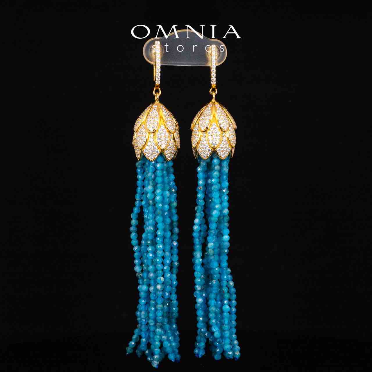 Omnia Kathy Sky Blue Beeds Golden Drop Earrings With High Quality Simulated Diamonds in 925 Silver - OMNIASTORES KSA