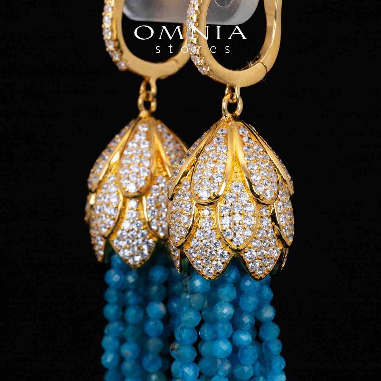 Omnia Kathy Sky Blue Beeds Golden Drop Earrings With High Quality Simulated Diamonds in 925 Silver - OMNIASTORES KSA