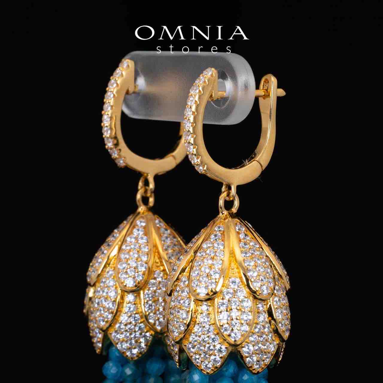 Omnia Kathy Sky Blue Beeds Golden Drop Earrings With High Quality Simulated Diamonds in 925 Silver - OMNIASTORES KSA