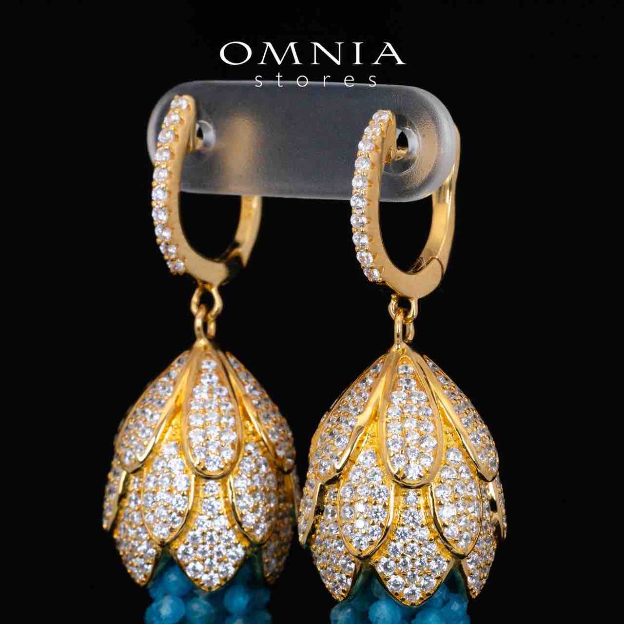 Omnia Kathy Sky Blue Beeds Golden Drop Earrings With High Quality Simulated Diamonds in 925 Silver - OMNIASTORES KSA