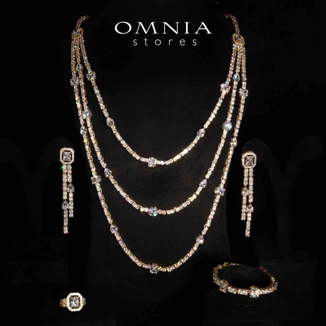 Omnia Layara Gold Long Chain Full Set with Triple-Layer Necklace in High-Quality Zircon Stone Rhodium Plated - OMNIASTORES KSA