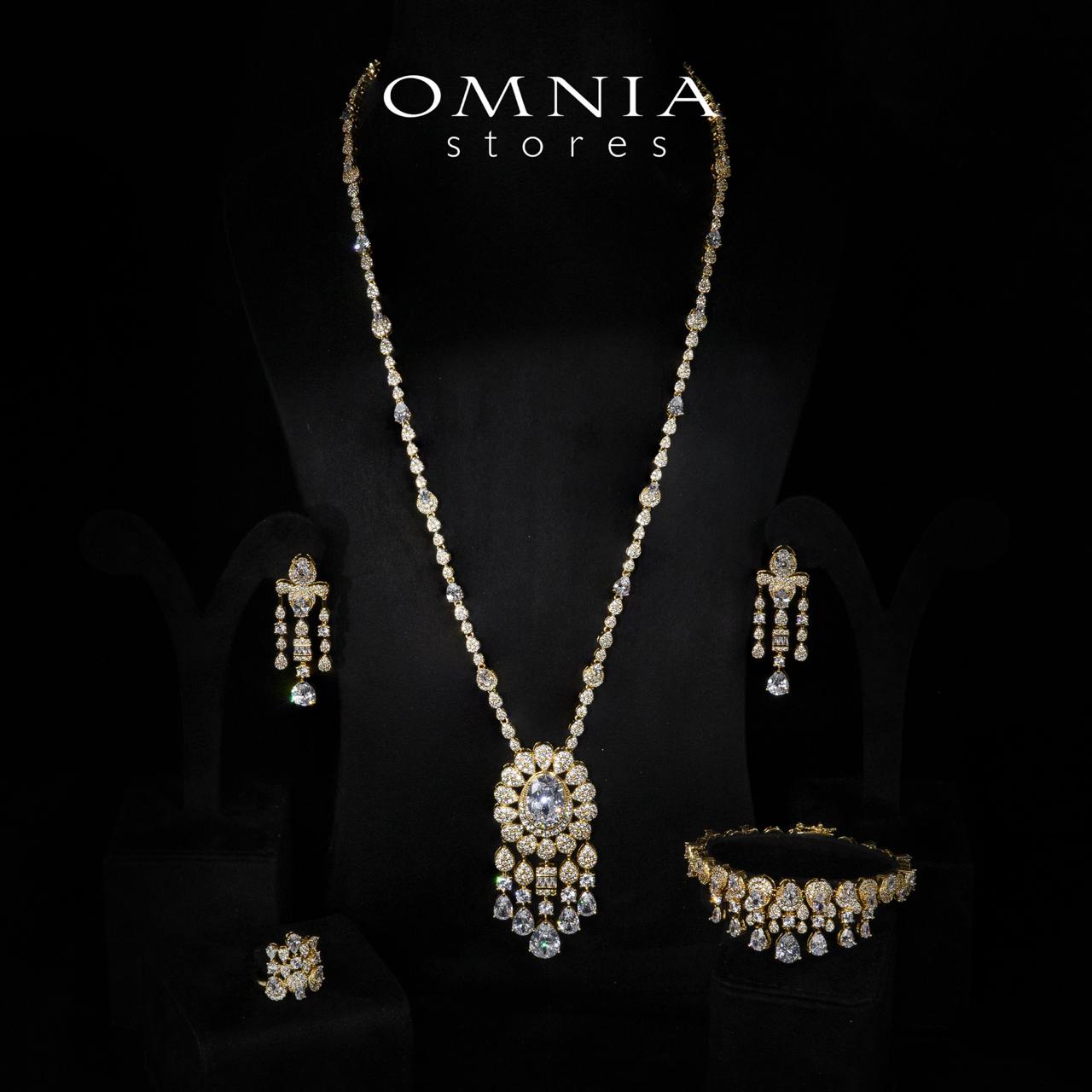 Aleya Golden Luxury Bridal Full Long chain Set in High Quality Simulated Diamonds Rhodium Plated - OMNIASTORES KSA