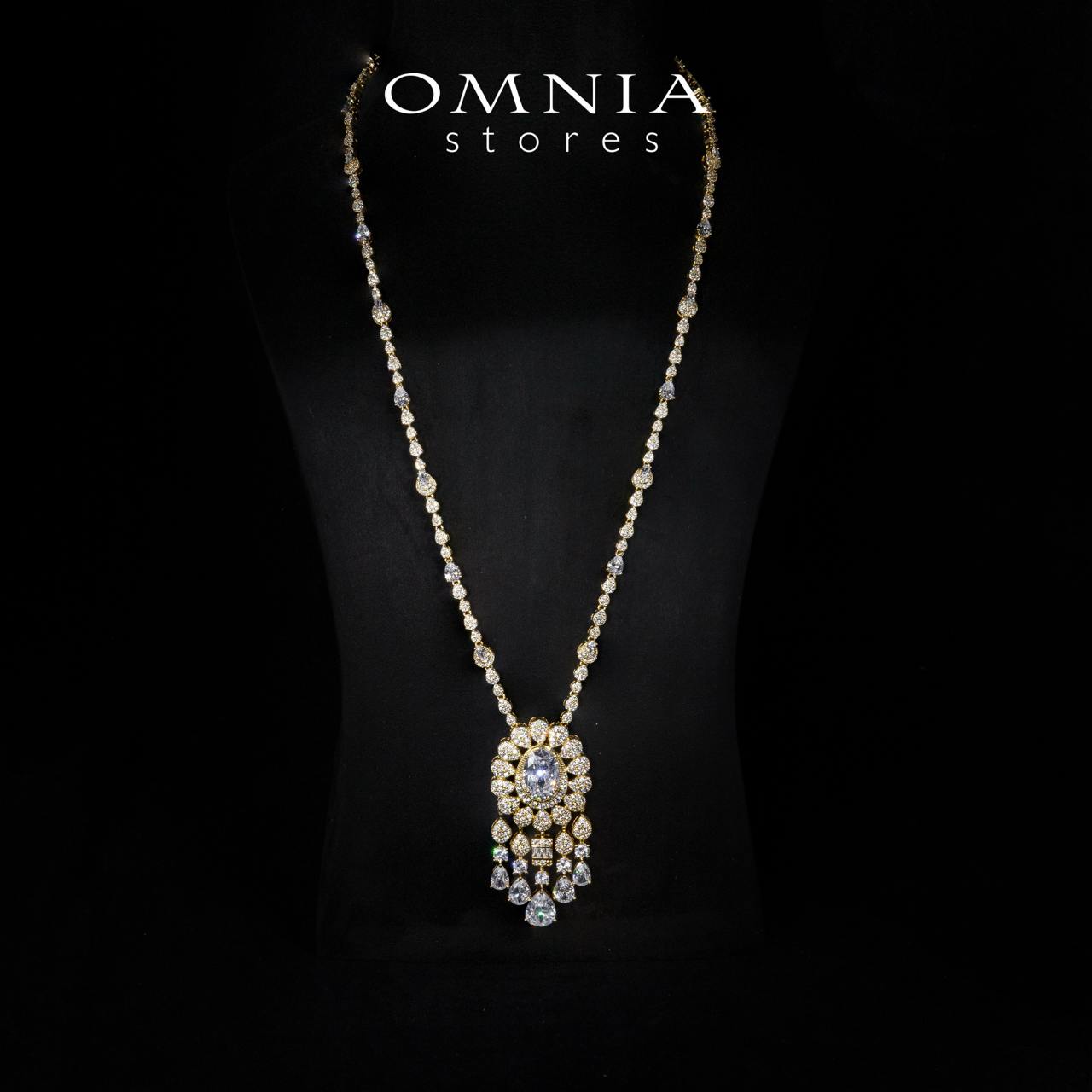 Aleya Golden Luxury Bridal Full Long chain Set in High Quality Simulated Diamonds Rhodium Plated - OMNIASTORES KSA