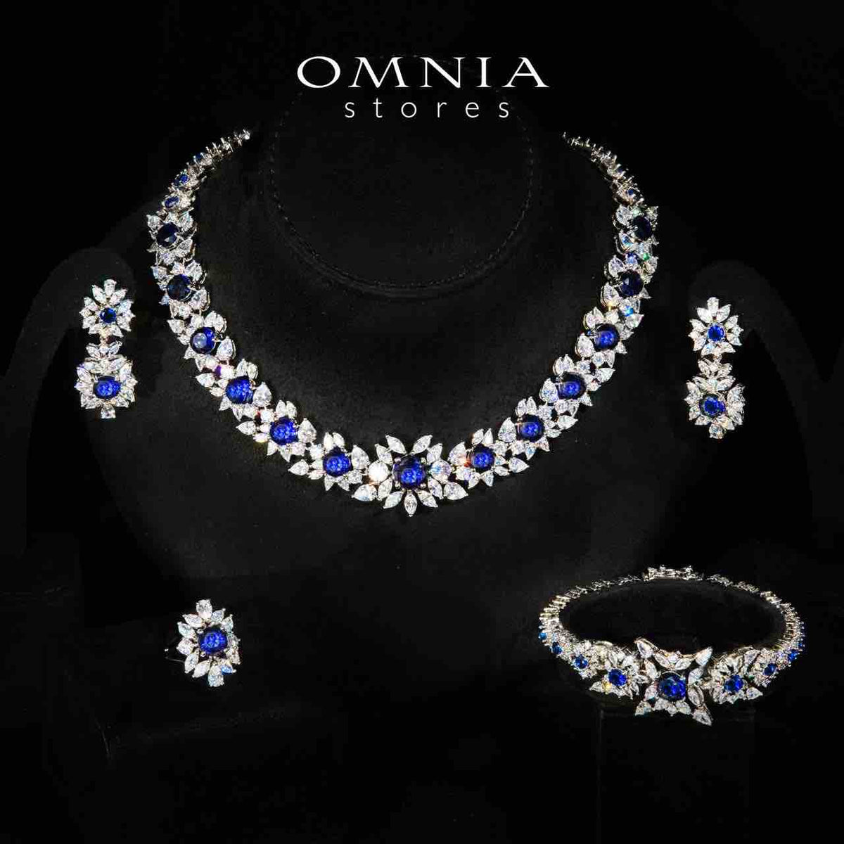 Nareen Blue Luxury Bridal Full Set in High Quality Simulated Diamonds Premium Rhodium Plated - OMNIASTORES UAE