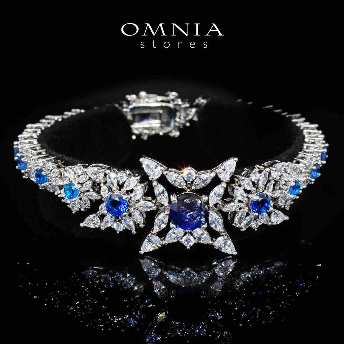 Nareen Blue Luxury Bridal Full Set in High Quality Simulated Diamonds Premium Rhodium Plated - OMNIASTORES UAE