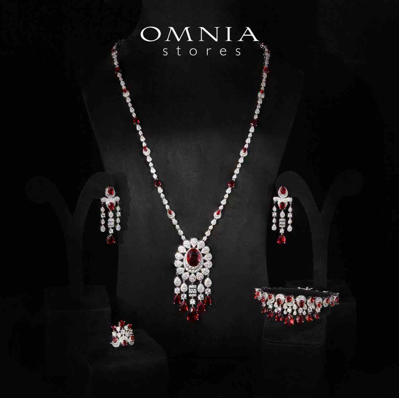 Aleya Red Luxury Bridal Full Long chain Set in High Quality Simulated Diamonds Rhodium Plated - OMNIASTORES KSA