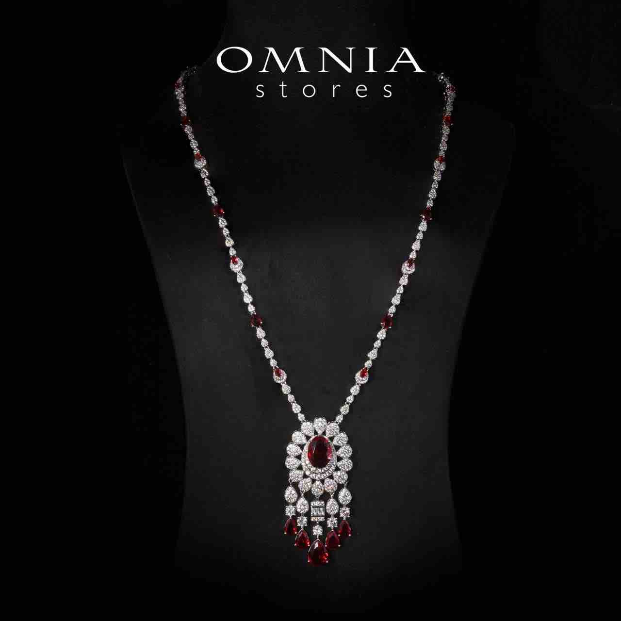Aleya Red Luxury Bridal Full Long chain Set in High Quality Simulated Diamonds Rhodium Plated - OMNIASTORES KSA