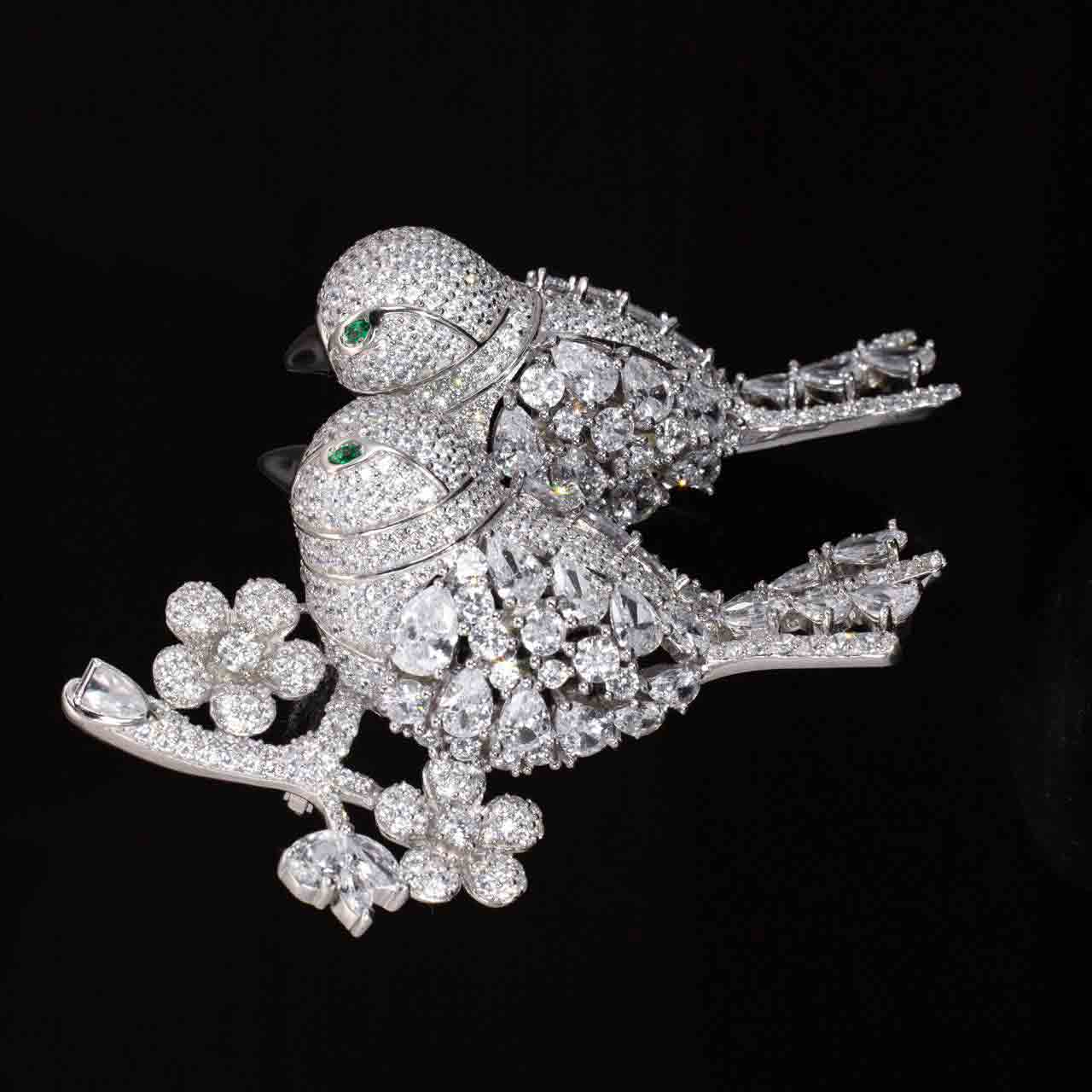 Elyse White Bird Design Brooch With High Quality Simulated Diamonds in 925 Silver