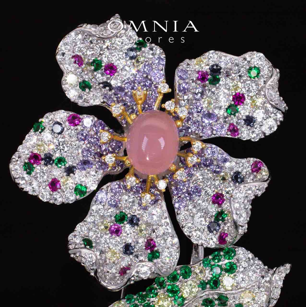 Kiera Pink Coral Multi Color Flower Brooch With High Quality Simulated Diamonds in 925 Silver