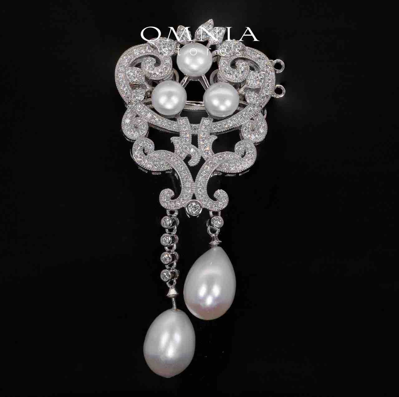 Raina Floral White Real Fresh Water Pearl Brooch With High Quality Simulated Diamonds in 925 Silver