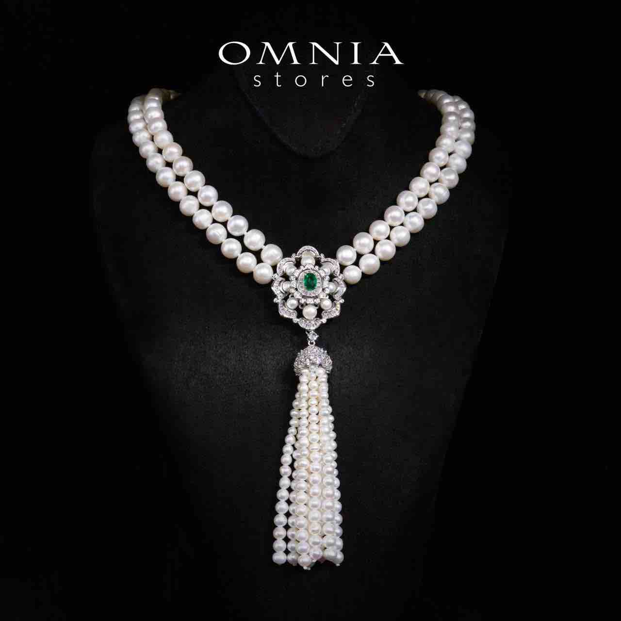 Sabine Green and White Pearl Long Chain, Bracelet and Earrings Set With High Quality Simulated Diamonds in 925 Silver - OMNIASTORES KSA