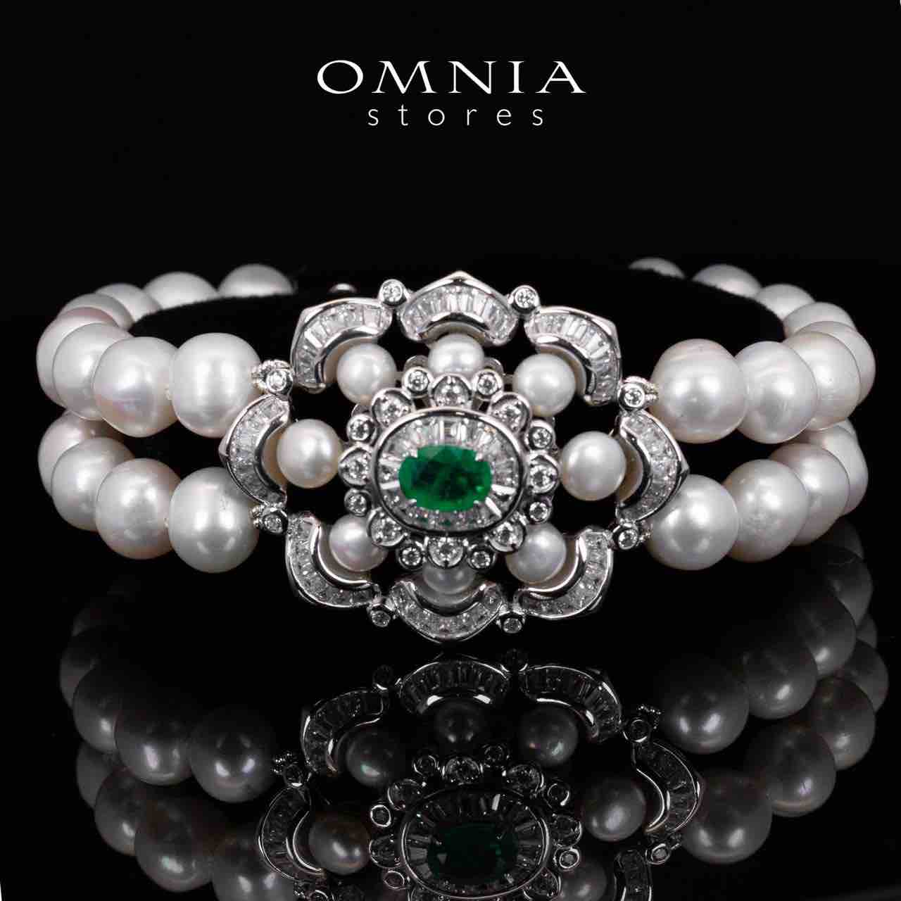 Sabine Green and White Pearl Long Chain, Bracelet and Earrings Set With High Quality Simulated Diamonds in 925 Silver - OMNIASTORES KSA