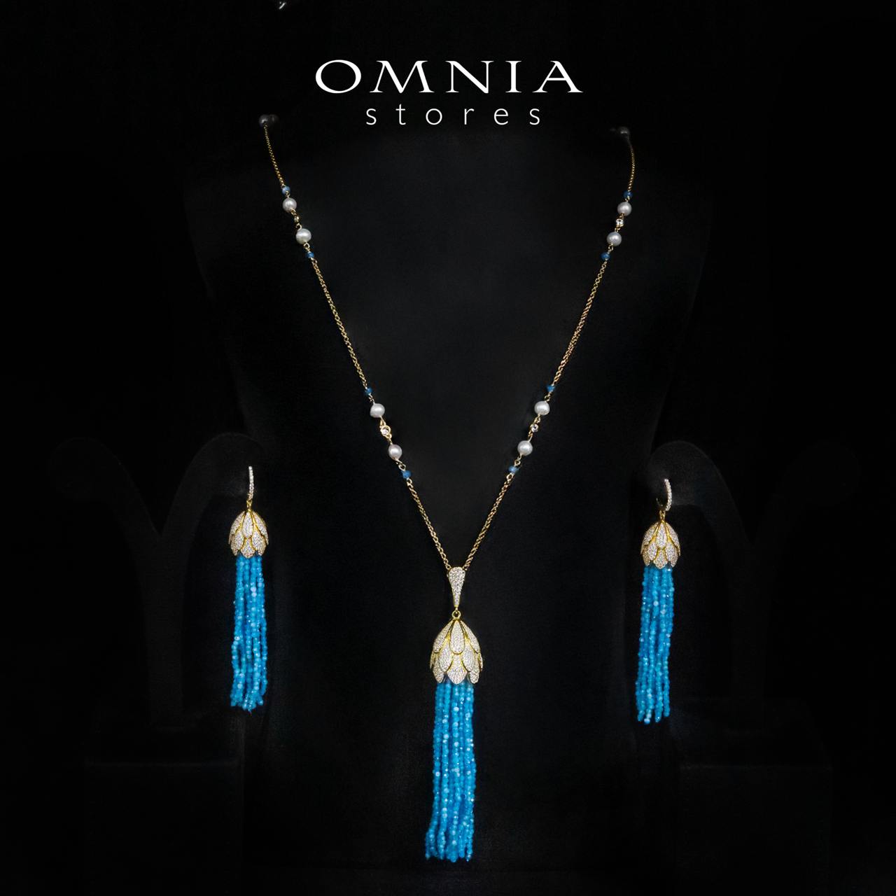 Omnia Kathy Sky Blue Beeds Golden Long Chain Necklace and Drop Earrings Set With High Quality Simulated Diamonds in 925 Silver - OMNIASTORES KSA