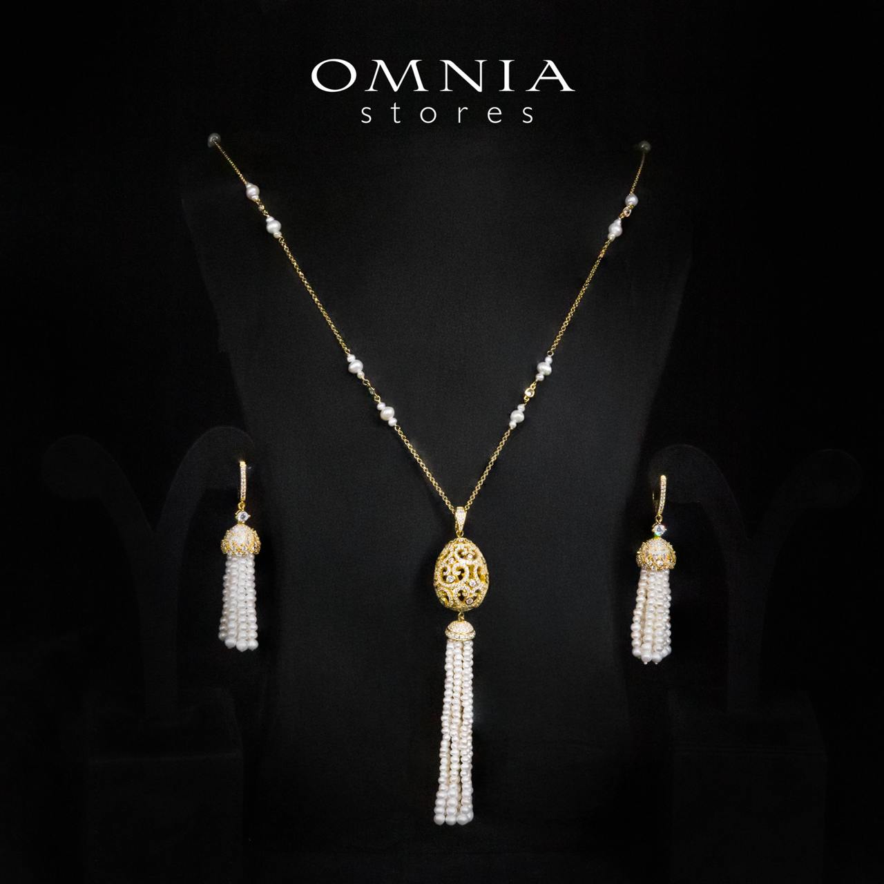 Kathy White Fresh Real Pearl Golden Long Chain Necklace and Drop Earrings Set With High Quality Simulated Diamonds in 925 Silver - OMNIASTORES KSA
