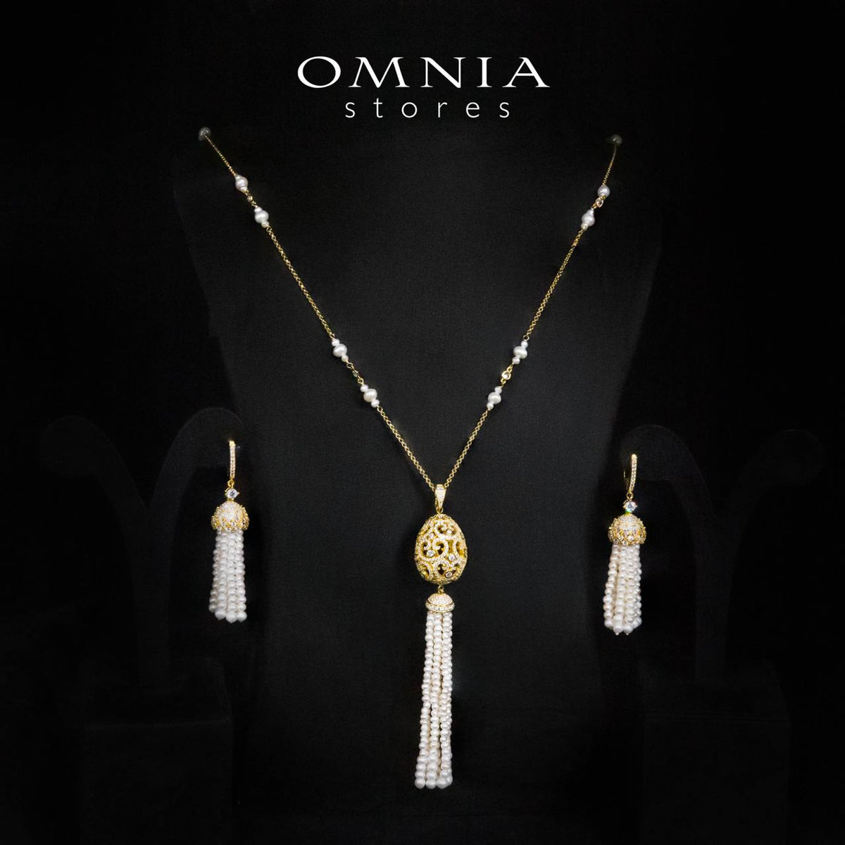 Kathy White Fresh Real Pearl Golden Long Chain Necklace and Drop Earrings Set With High Quality Simulated Diamonds in 925 Silver - OMNIASTORES UAE