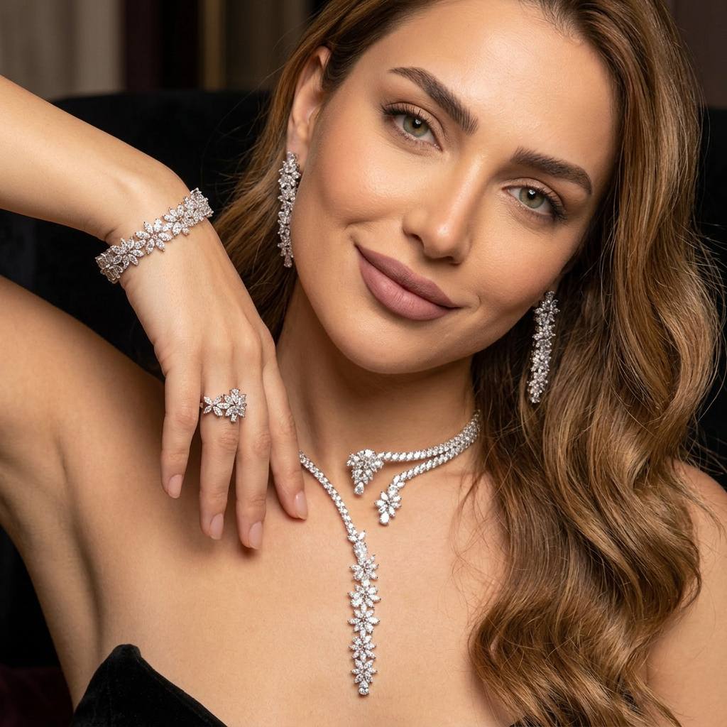 Fiona White Luxury Bridal Full Set in High Quality Rhodium Plated Zircon Stones
