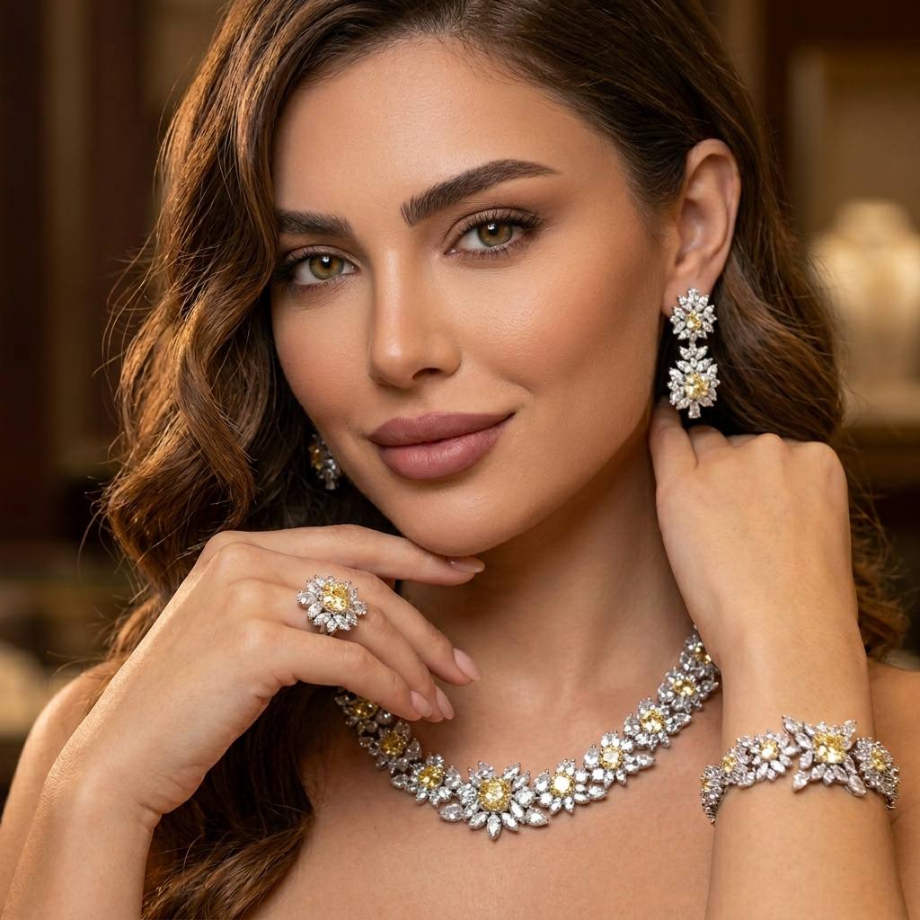 Omnia Nareen Yellow Bridal Full Set in High Quality Zircon Stone Rhodium Plated - OMNIASTORES KSA