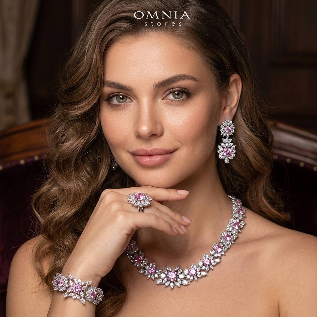 Omnia Nareen Pink Bridal Full Set in High Quality Zircon Stone Rhodium Plated - OMNIASTORES KSA