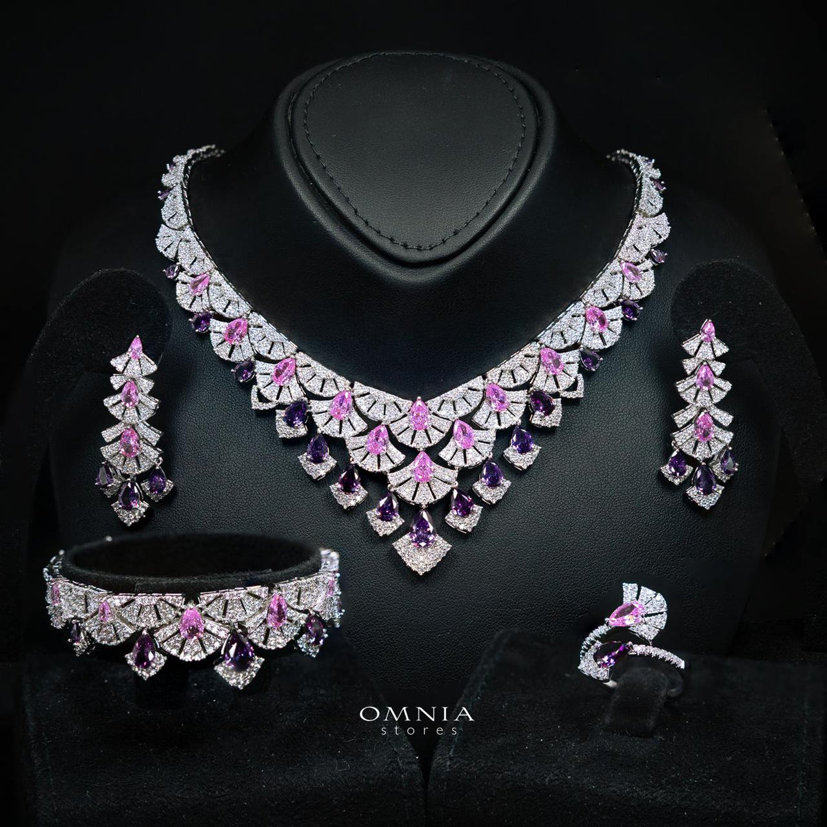 Omnia Lena Pink Luxury Bridal White Full Set In High Quality Zircon Stone Rhodium Plated