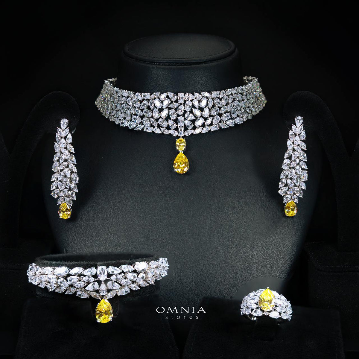 Omnia Nuray Yellow Luxury Bridal Full Set Accessories in High Quality Zircon Stone Premium Rhodium Plated