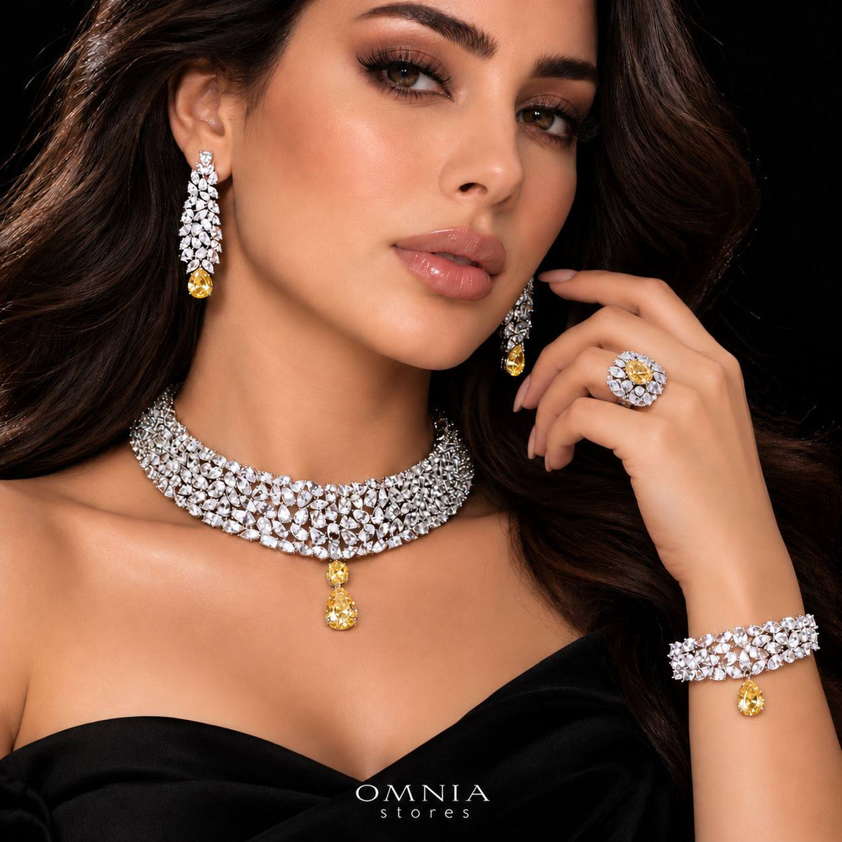 Omnia Nuray Yellow Luxury Bridal Full Set Accessories in High Quality Zircon Stone Premium Rhodium Plated