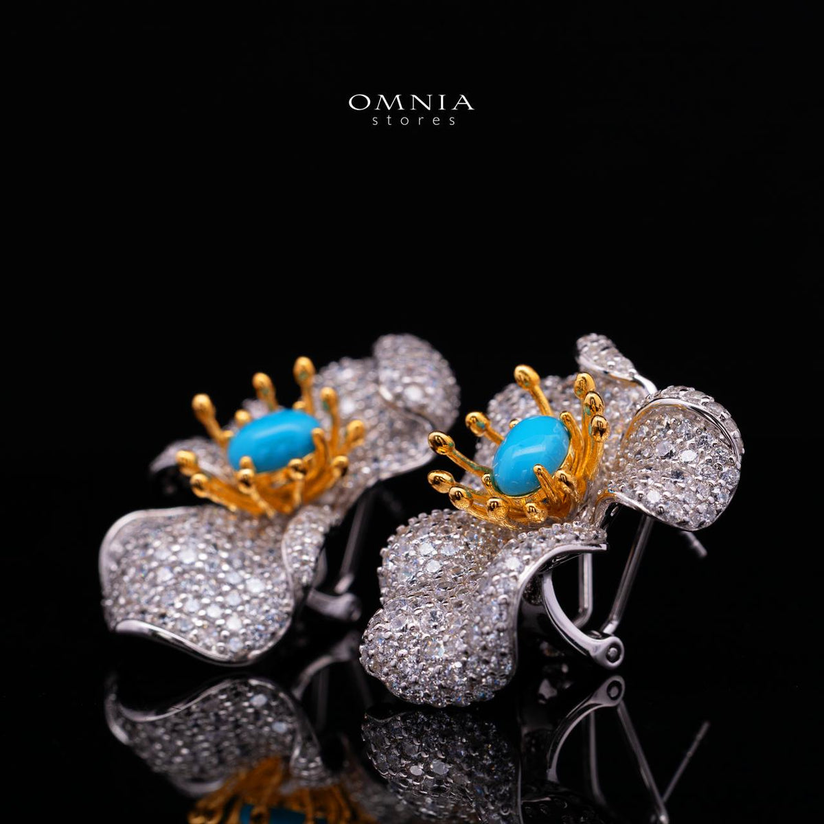 Omnia Shidha Turquoise Coral Flower Silver Drop Earrings in 925 Silver High Quality White Simulated Diamond Stones