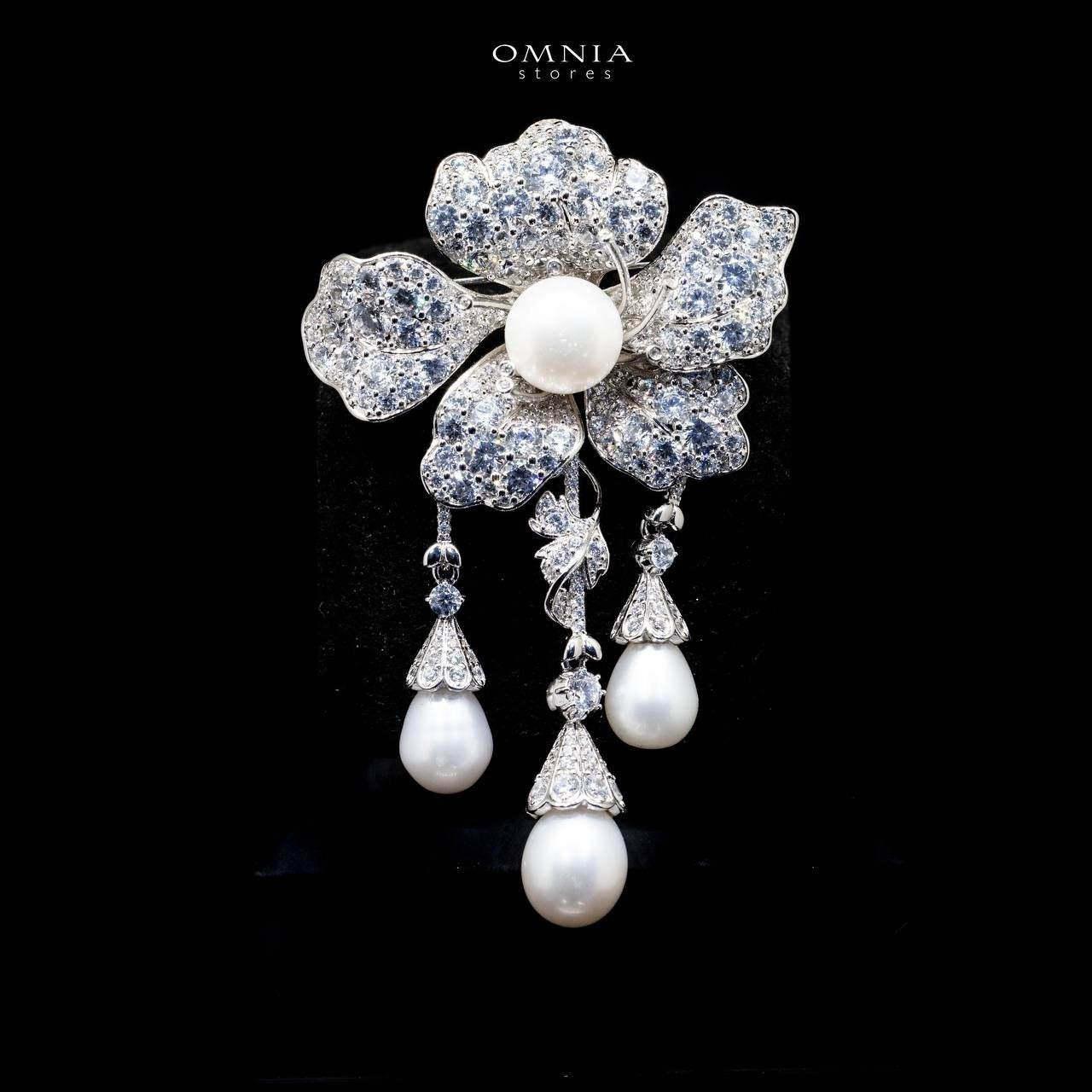 Omnia Halima Fresh Real Water Pearl brooch in 92.5 Silver High Quality Simulated diamonds - OMNIASTORES UAE