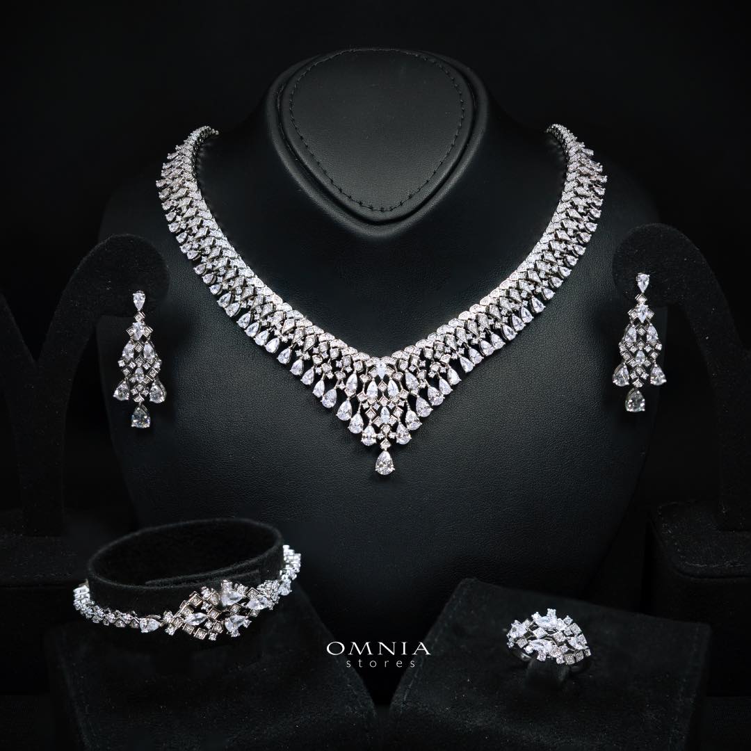 Omnia Melora White Luxury Bridal Full Set with Pear-Cut and Baguette Zircon in Cascading Design in High-Quality Rhodium Plated - OMNIASTORES KSA