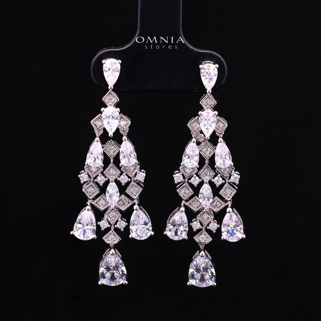Omnia Melora White Luxury Bridal Full Set with Pear-Cut and Baguette Zircon in Cascading Design in High-Quality Rhodium Plated - OMNIASTORES KSA