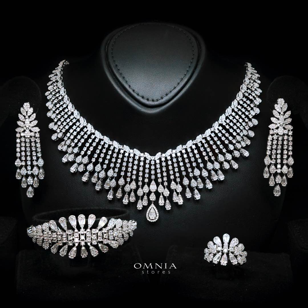 Omnia Elvina White Luxury Bridal Full Set in High Quality Zircon Stone in Rhodium Plated - OMNIASTORES KSA