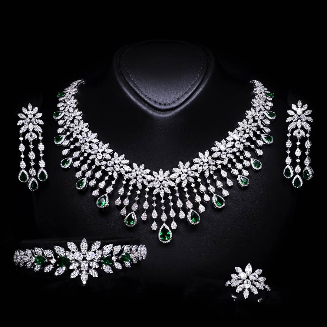 Omnia Anoud Green Luxury Bridal Choker Full Set in High Quality Rhodium Plated Zircon Stones (18cm only available in KSA) - OMNIASTORES KSA