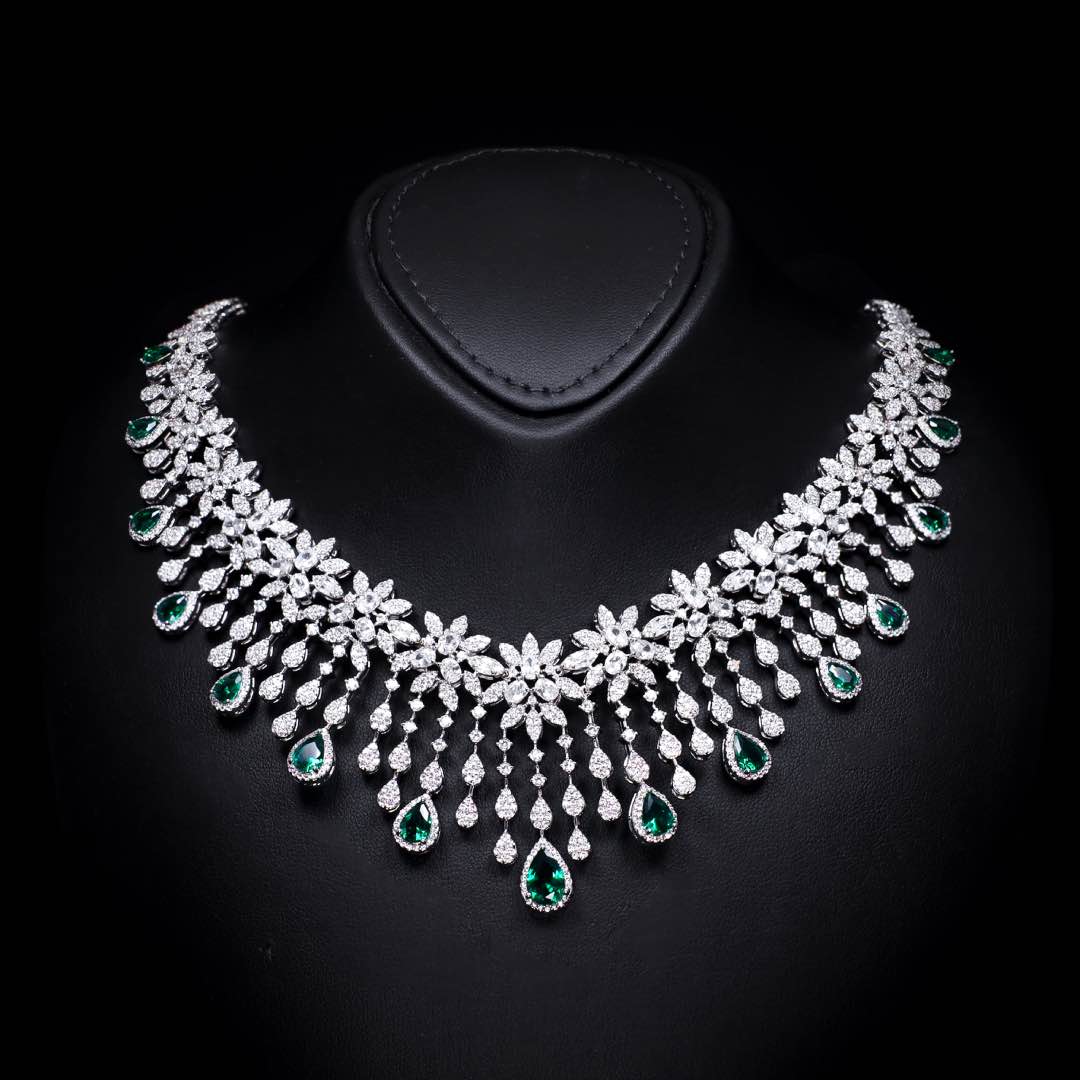 Omnia Anoud Green Luxury Bridal Choker Full Set in High Quality Rhodium Plated Zircon Stones (18cm only available in KSA) - OMNIASTORES KSA
