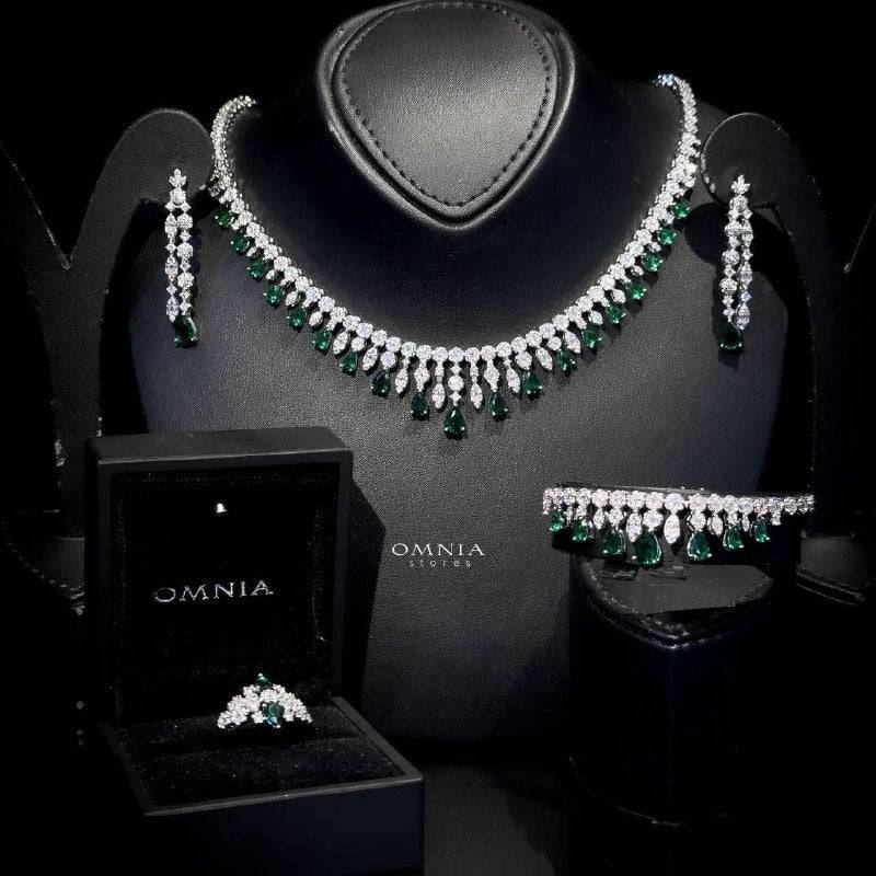 Omnia Syla Green Collar Type Bridal Full Set Accessories in High Quality Zircon Stone Rhodium Plated - OMNIASTORES UAE