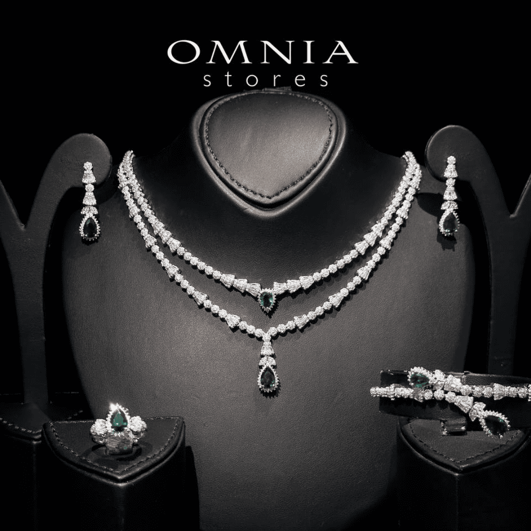 Omnia Ethereal Green Drop-Down Pear Shape Full Set in Rhodium Plated - OMNIASTORES UAE