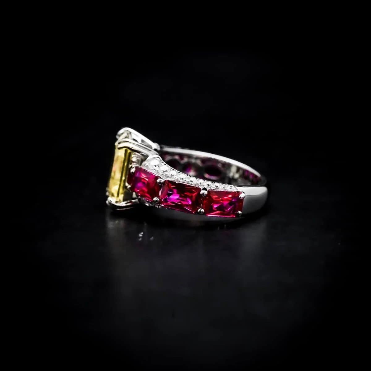 Omnia Zayna Yellow Emerald Cut Ring 92.5 Silver with High-Quality Simulated Diamonds and Ruby Accents - OMNIASTORES UAE