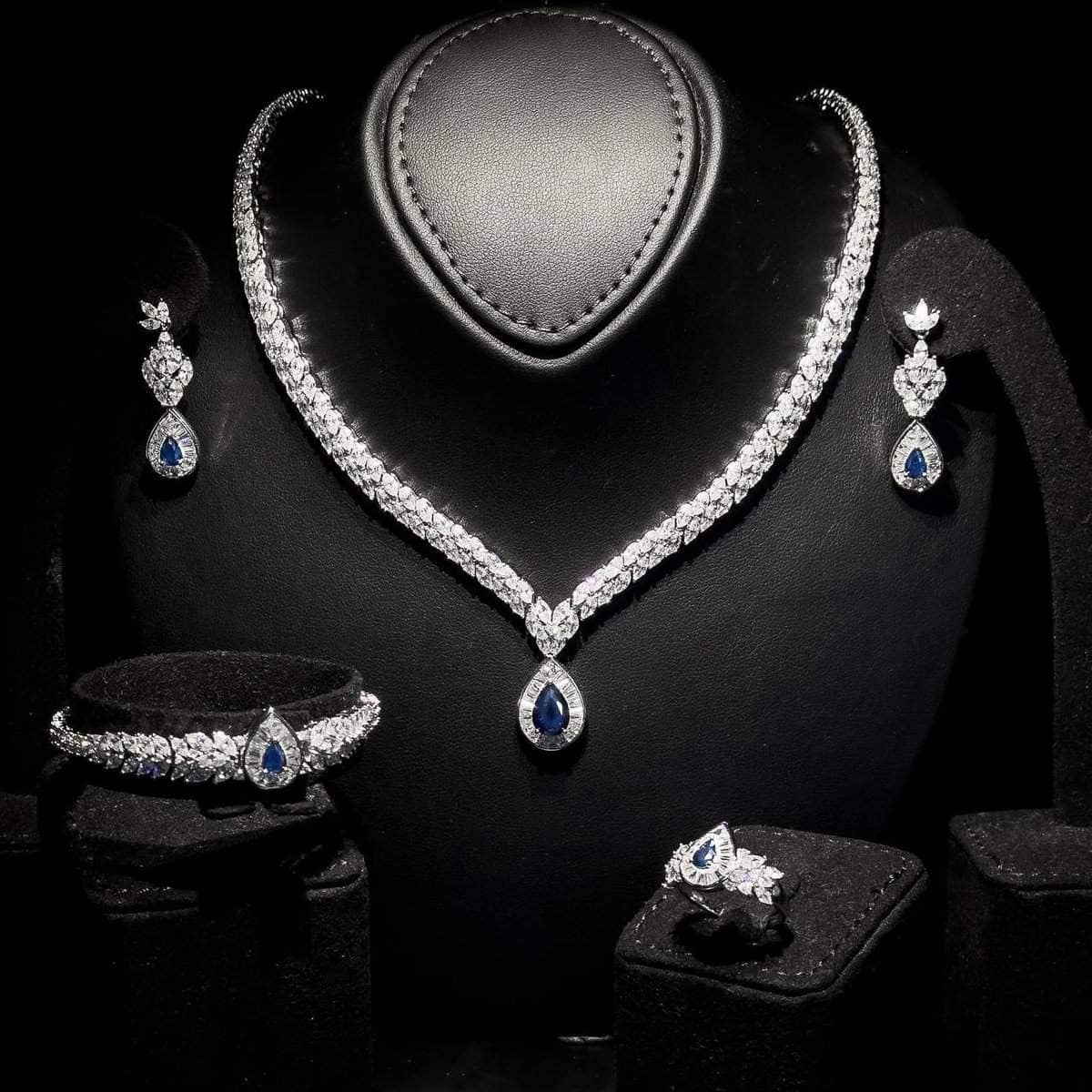 Omnia Aamira Teardrop-Design Bridal Navy Blue Full Set with High-Quality Zircon Stones in Rhodium-Plated Finish - OMNIASTORES UAE