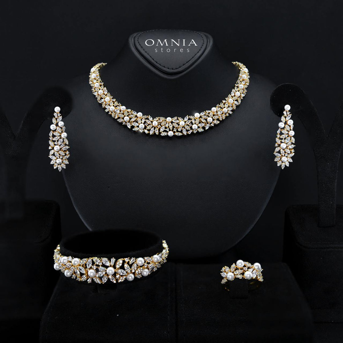 Fadwa Gold Tone Pearl Luxury Bridal Full Set Accessories in High Quality Zircon Stone, Rhodium Plated - OMNIASTORES KSA