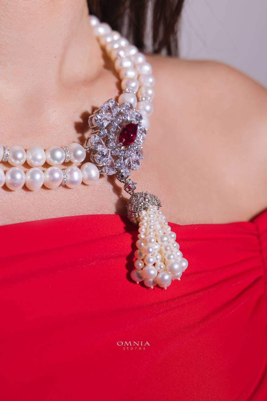 Omnia Dahlia Bridal Pearl Set with Ruby Red Stone in High-Quality Simulated Diamonds - OMNIASTORES UAE