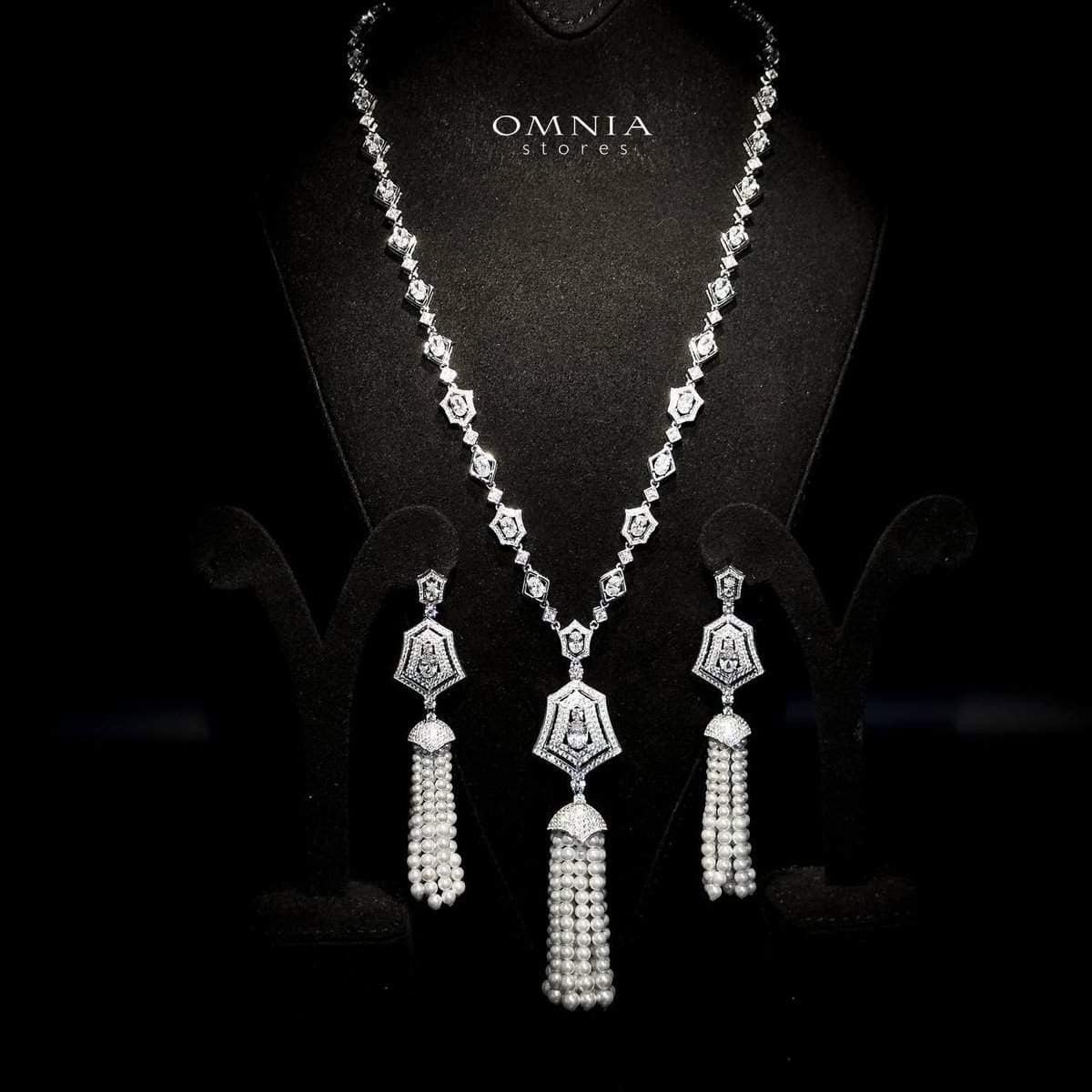 Omnia Lulu White Set in 92.5 Silver with High Quality Simulated Diamonds and Pearl Tassel Detailing - OMNIASTORES UAE