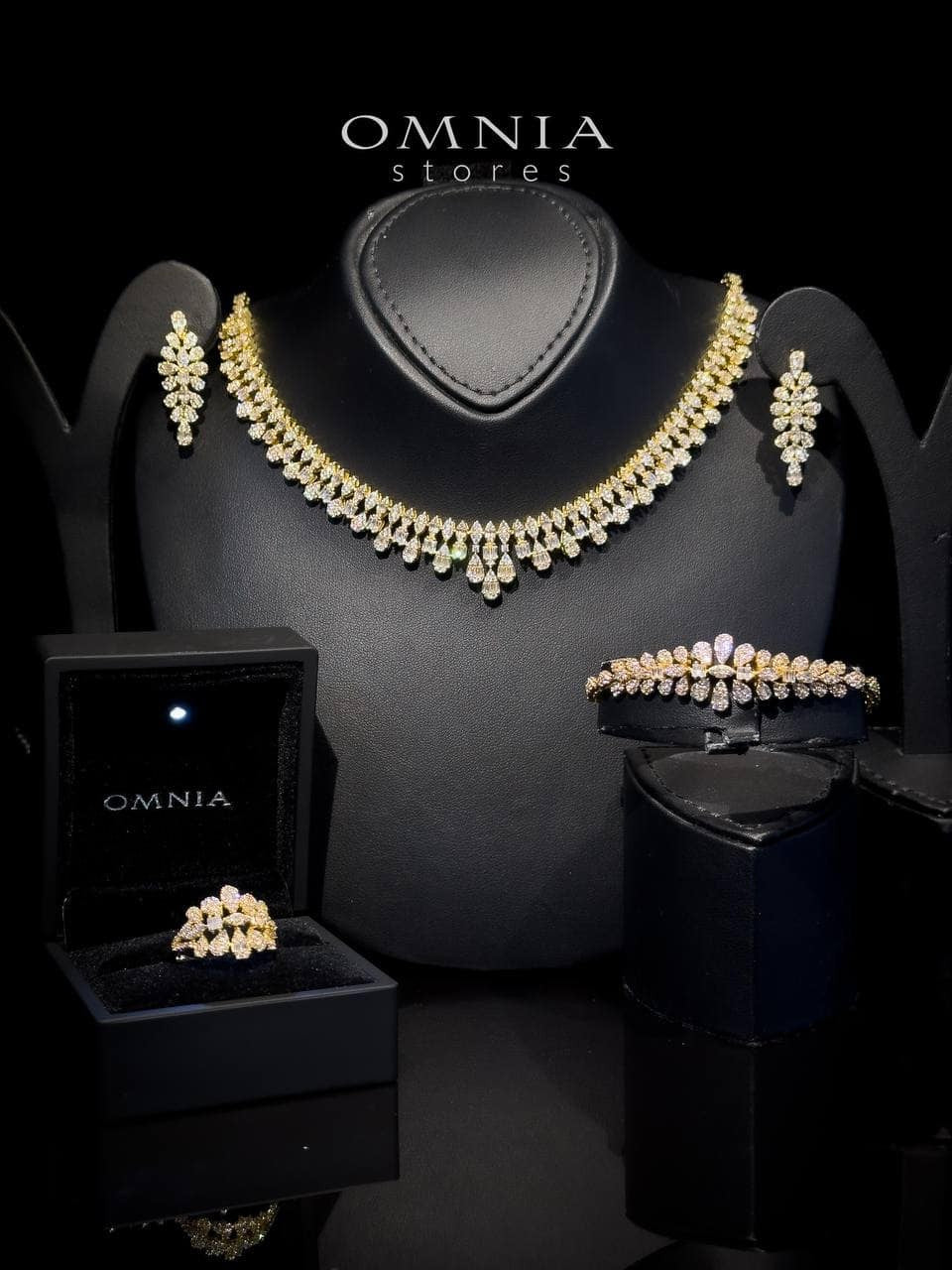 Omnia Elaf Golden Bridal Full Set in High Quality Zircon Stone in Rhodium Plated