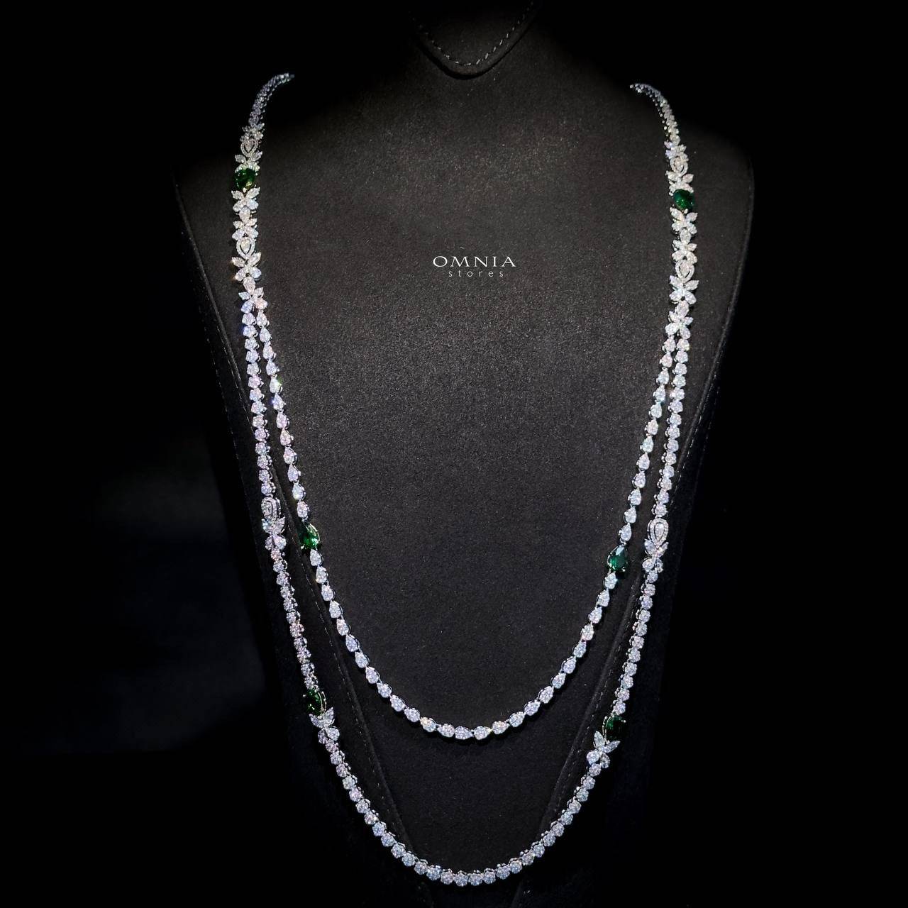 Omnia Yaza Bridal Green Long chain Set High Quality Zircon Stone In Rhodium Plated - OMNIASTORES UAE