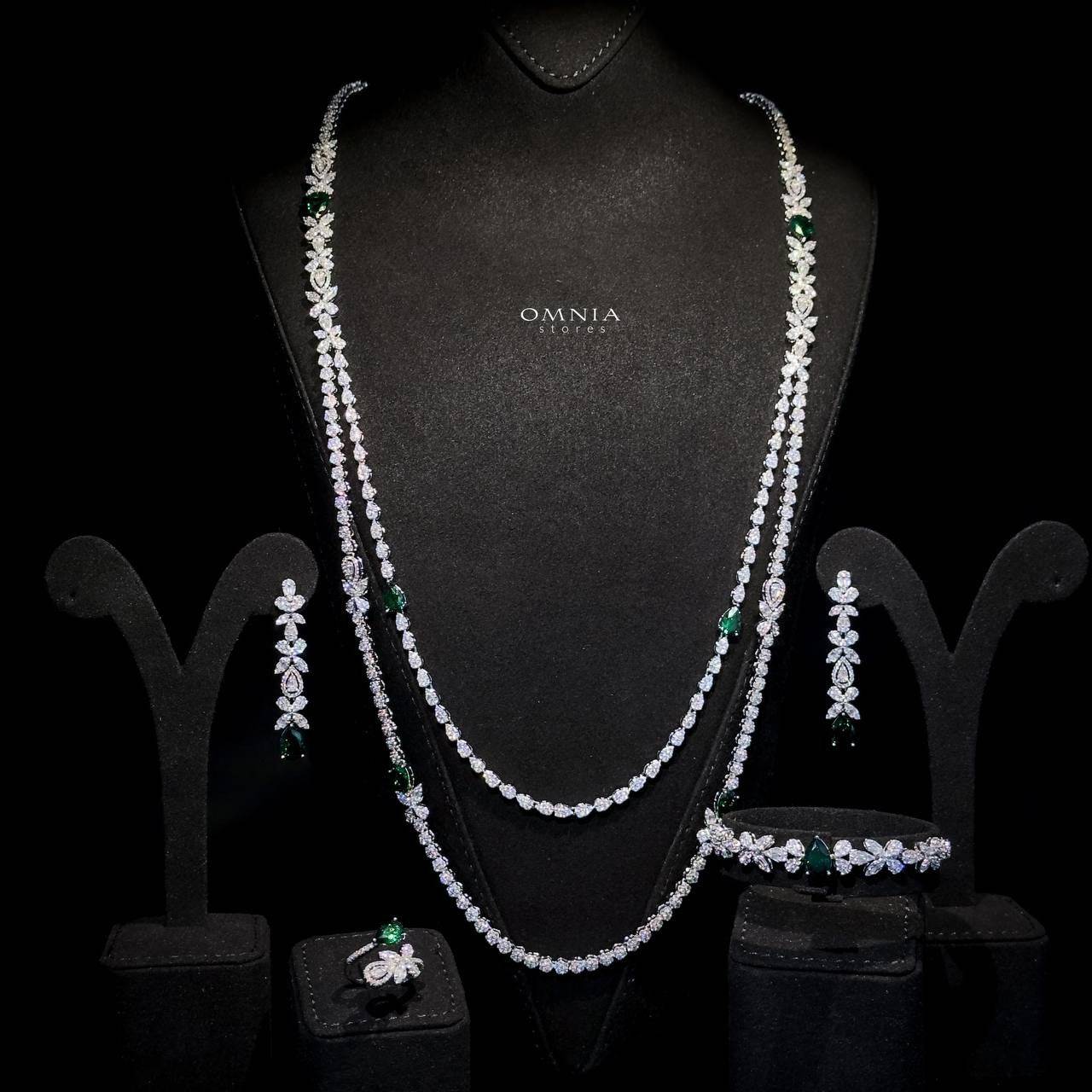 Omnia Yaza Bridal Green Long chain Set High Quality Zircon Stone In Rhodium Plated - OMNIASTORES UAE