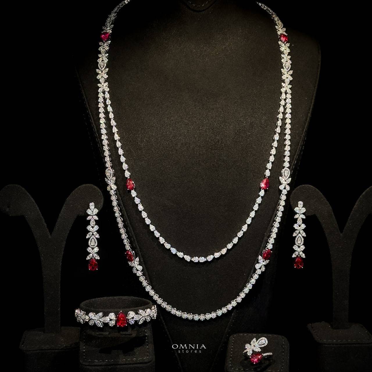 Omnia Yaza Bridal Red Long chain Set High Quality Zircon Stone In Rhodium Plated - OMNIASTORES UAE